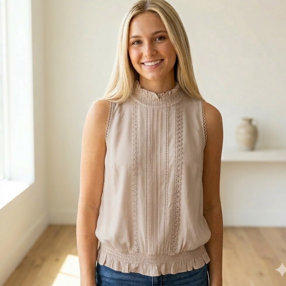 Oasis UK Smocked Collar Pleated Blouson Sleeveless Cream Blouse EUR 38/ 8 NWT